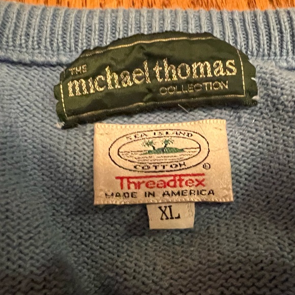 Vintage Michael Thomas Threadtex Sea Island Cotton Light Blue V-neck Sweater XL - Picture 3 of 8